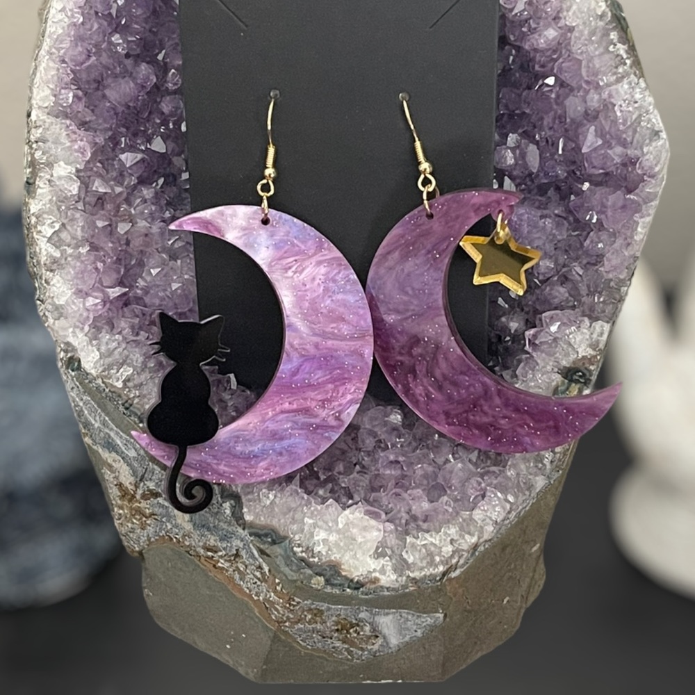 Witchy Moon Black Cat Star Acrylic Glitter Earrings - Picture 5 of 8